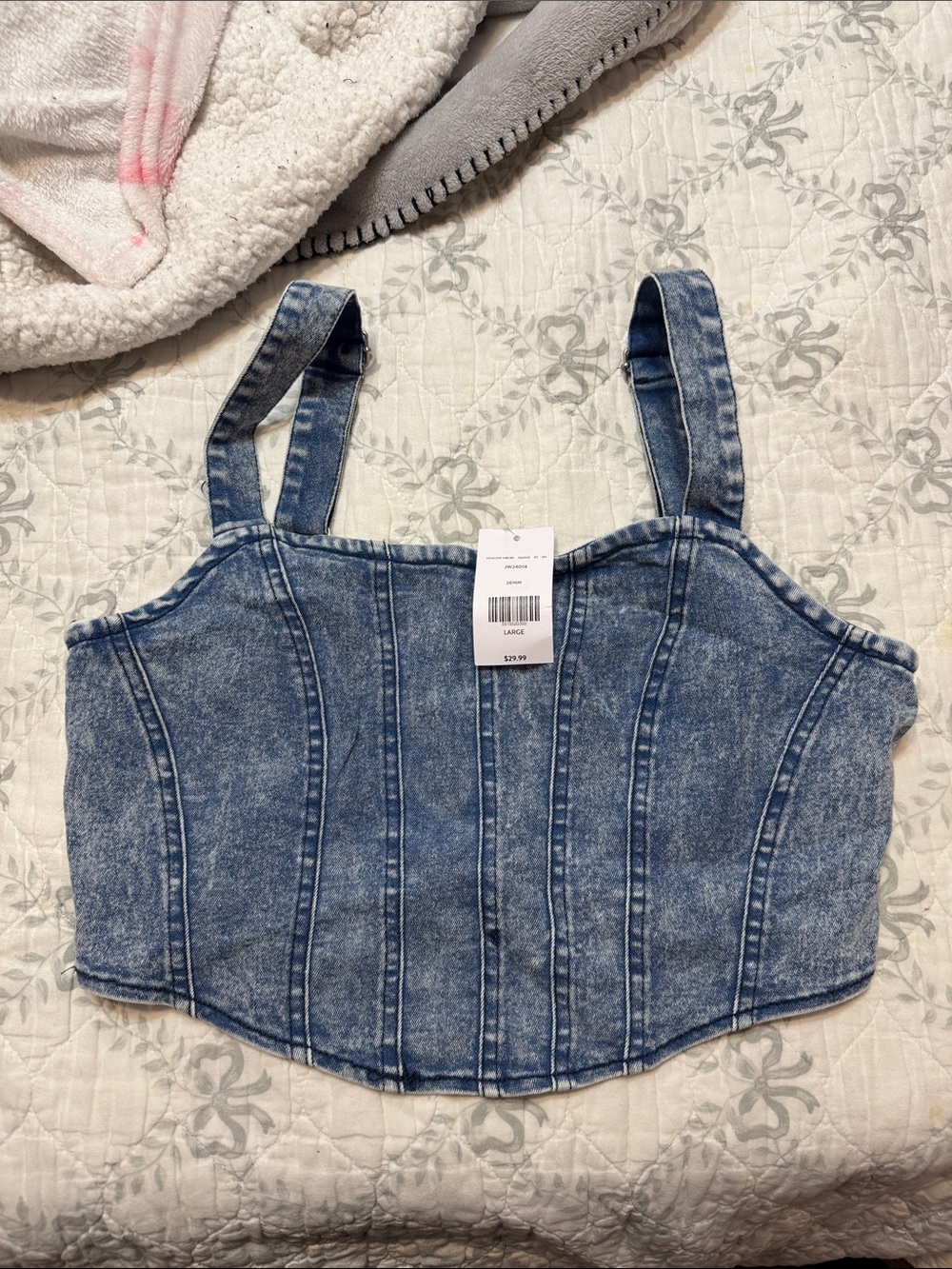 Denim Corset Crop Top in Washed Blue
